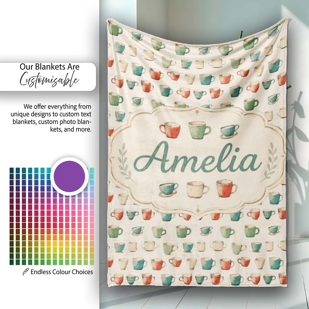 Rustic Hand Drawn Coffee Cups Vintage Style Seamless Pattern Lovely Personalised Custom Name Super Soft Fleece Blanket Bed Sofa Throw