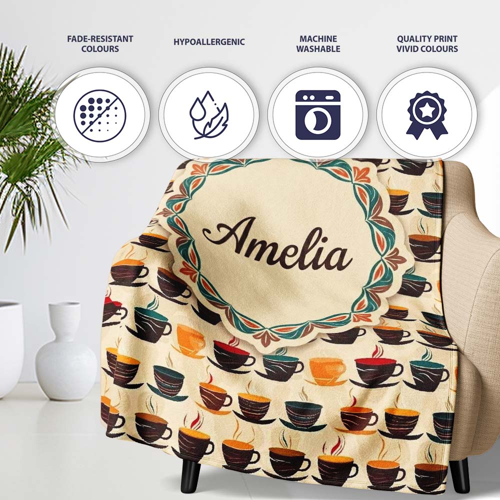 Modern Colorful Coffee Cups Repeating Pattern Seamless Pattern Personalised Custom Name Super Soft Fleece Blanket Bed Sofa Throw
