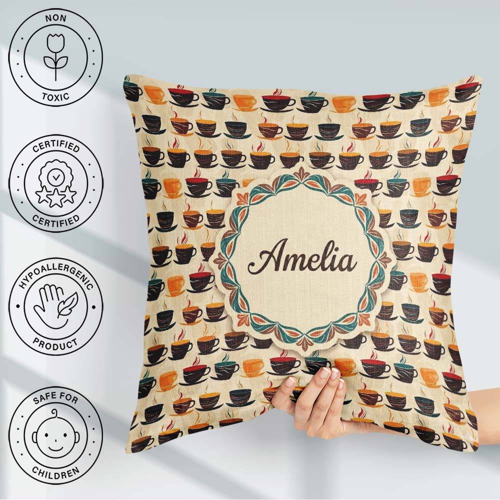 Custom Name Modern Colorful Coffee Cups Pattern Seamless Pattern Square Filled Cushion Throw Pillow Sofa Bed Home Decor Zip Washable UK Made