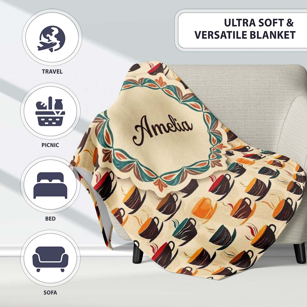 Modern Colorful Coffee Cups Repeating Pattern Seamless Pattern Personalised Custom Name Super Soft Fleece Blanket Bed Sofa Throw