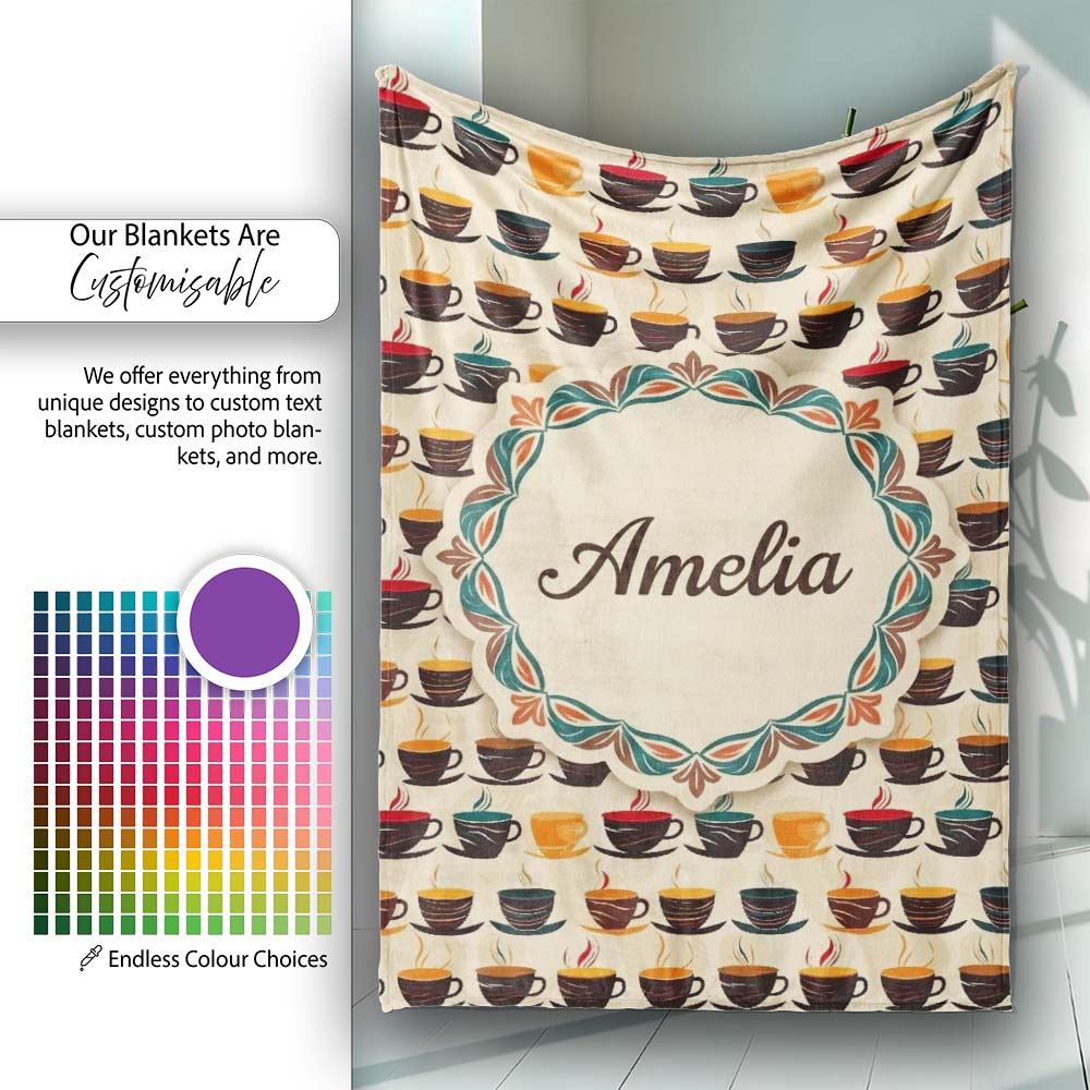 Modern Colorful Coffee Cups Repeating Pattern Seamless Pattern Personalised Custom Name Super Soft Fleece Blanket Bed Sofa Throw