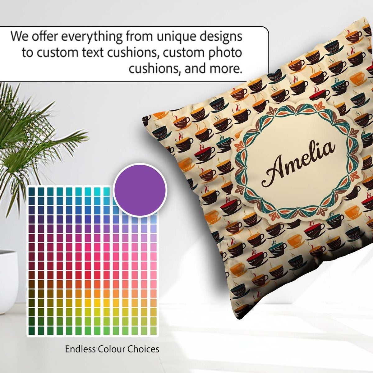Custom Name Modern Colorful Coffee Cups Pattern Seamless Pattern Square Filled Cushion Throw Pillow Sofa Bed Home Decor Zip Washable UK Made