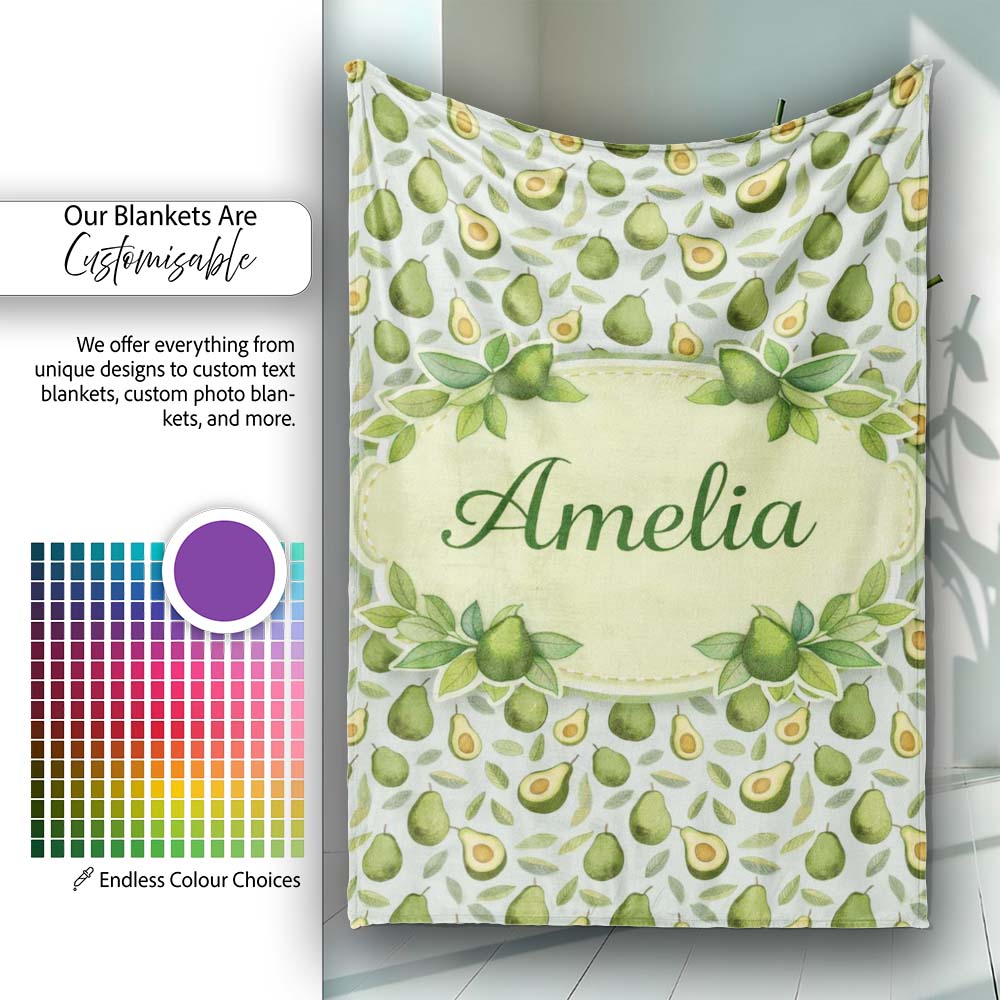 Green Avocado Pear Seamless Pattern Bright Botanical Fruit Lovely Personalised Custom Name Super Soft Fleece Blanket Bed Sofa Throw