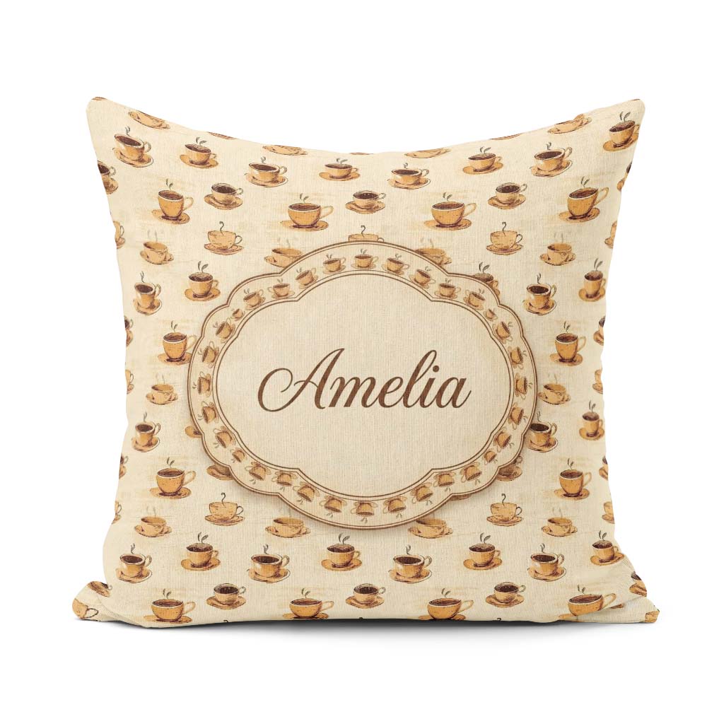 Custom Name Classic Coffee Cup Beige Background Seamless Pattern Square Filled Cushion Throw Pillow Sofa Bed Home Decor Zip Washable UK Made