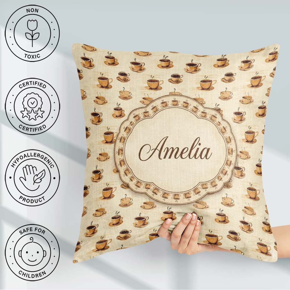 Custom Name Classic Coffee Cup Beige Background Seamless Pattern Square Filled Cushion Throw Pillow Sofa Bed Home Decor Zip Washable UK Made