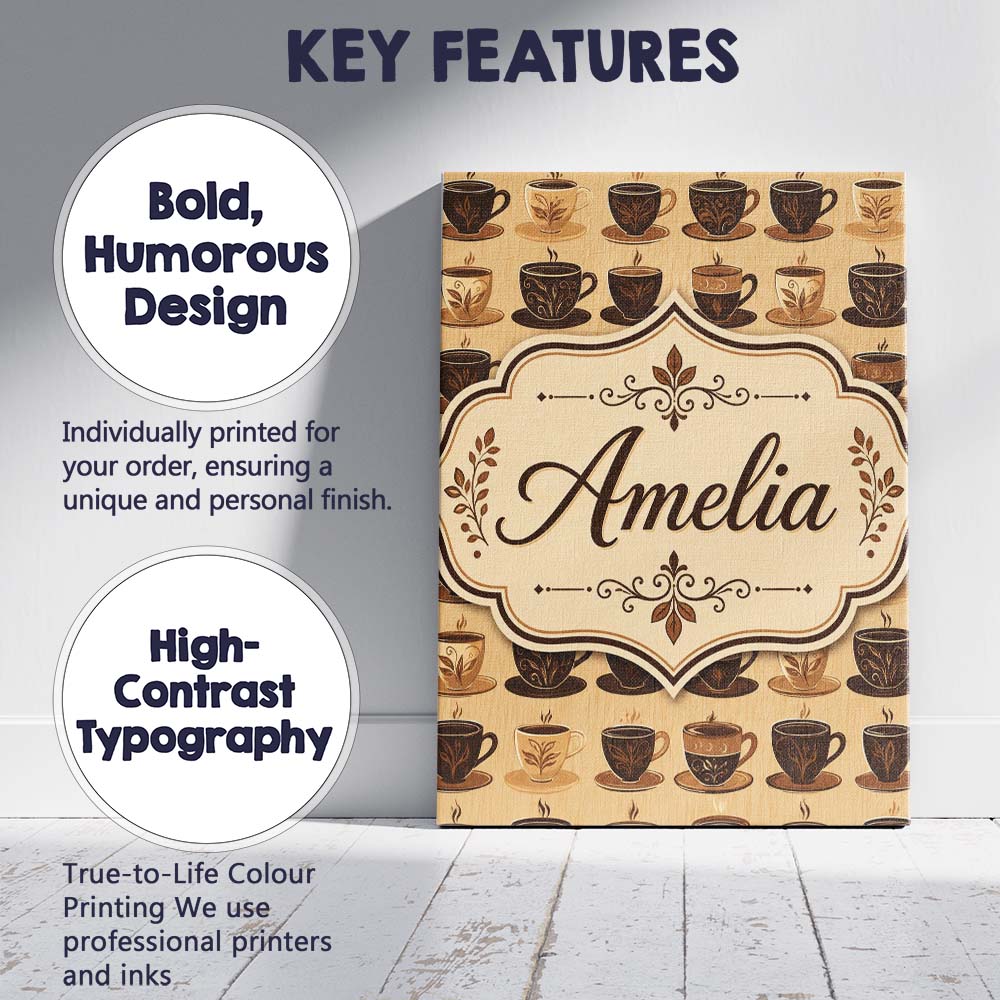 Personalised Name Brown Coffee Cup Style Custom Unique Gift Idea Elegant Feature Canvas Wall Art Print Decor Picture Ready to Hang