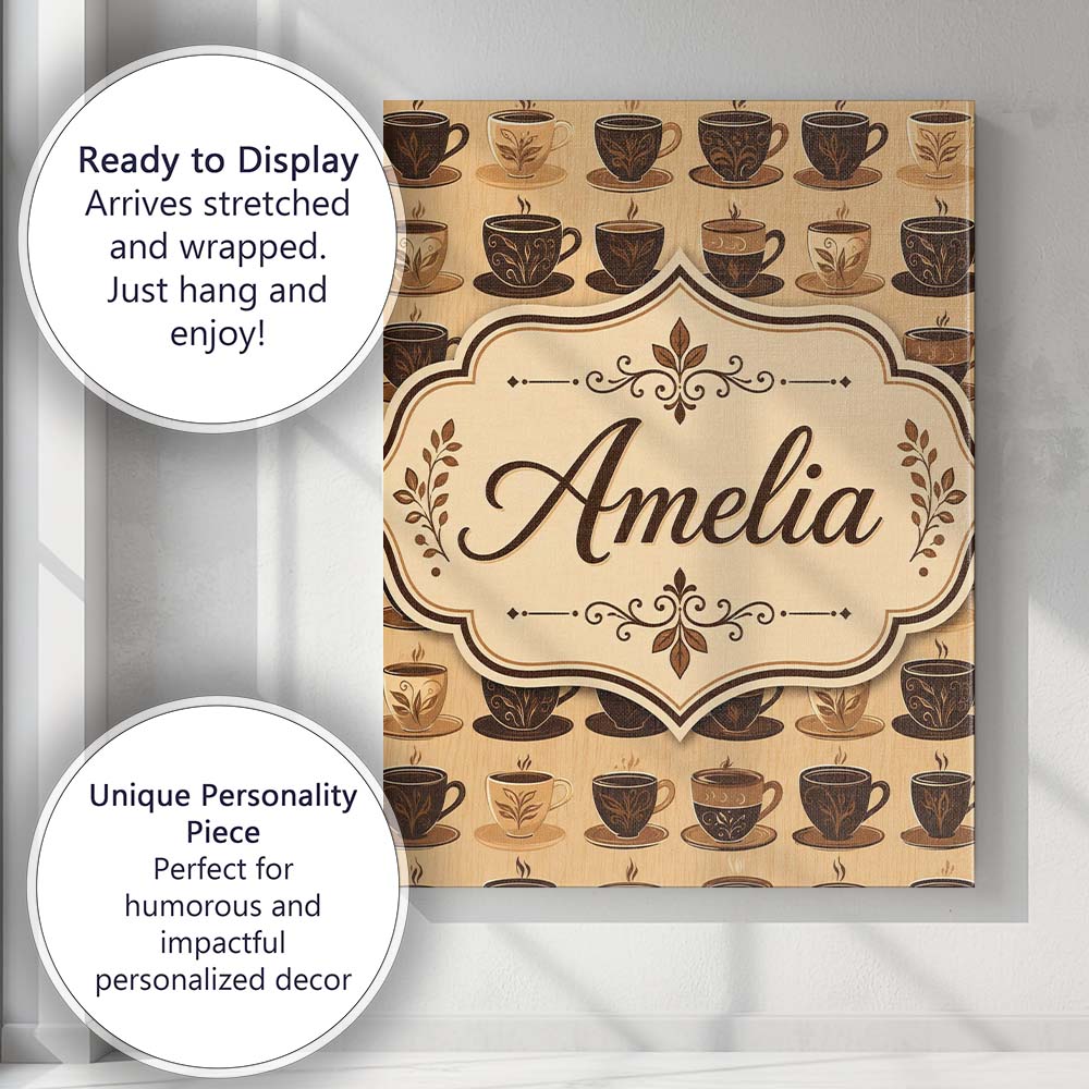 Personalised Name Brown Coffee Cup Style Custom Unique Gift Idea Elegant Feature Canvas Wall Art Print Decor Picture Ready to Hang