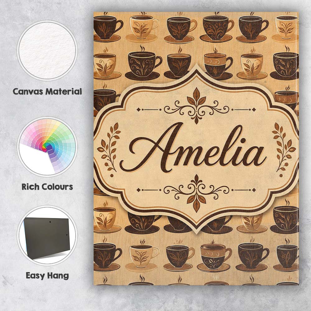 Personalised Name Brown Coffee Cup Style Custom Unique Gift Idea Elegant Feature Canvas Wall Art Print Decor Picture Ready to Hang