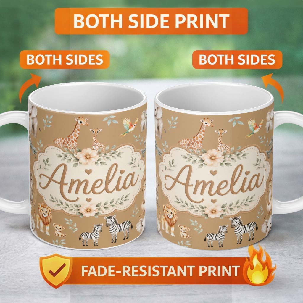 Personalized Custom Name Cute Safari Animals Lion Giraffe Zebra Elephant Pattern Cream Lovely 11oz Ceramic Coffee Tea Mug White Large Handle