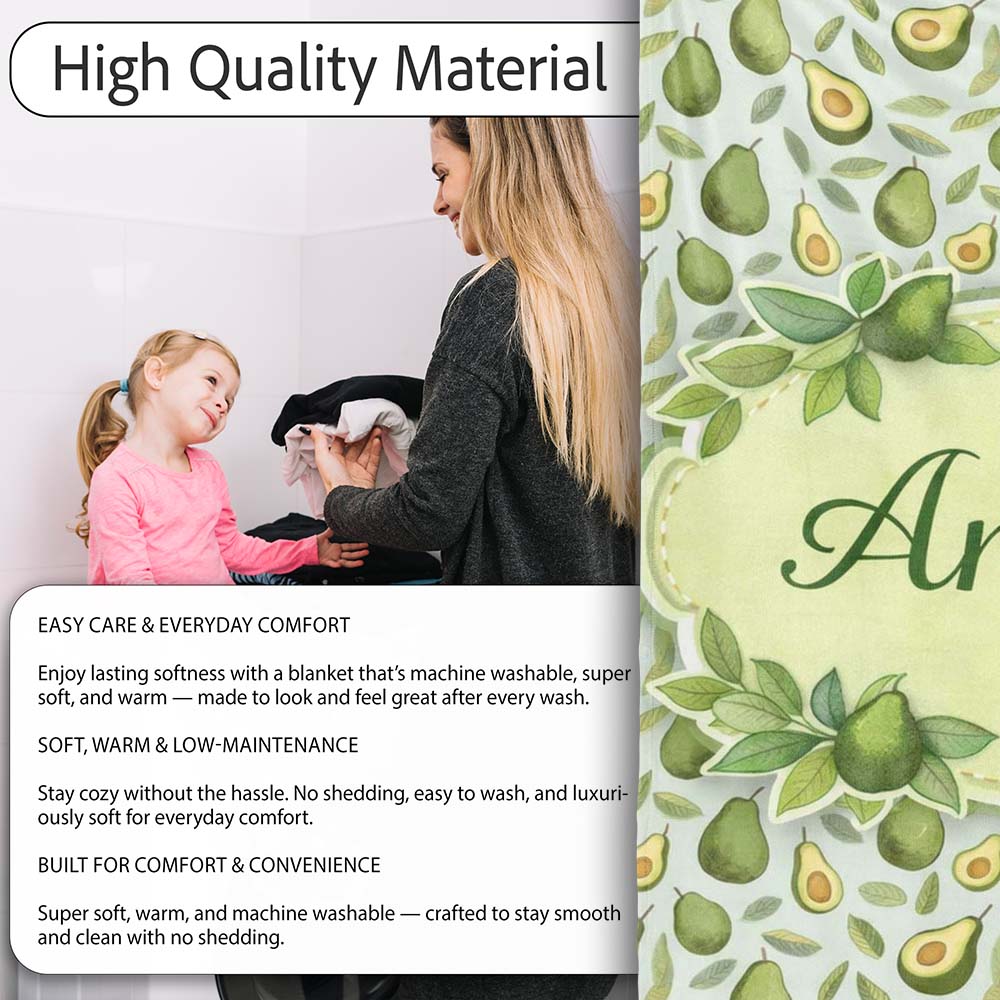 Green Avocado Pear Seamless Pattern Bright Botanical Fruit Lovely Personalised Custom Name Super Soft Fleece Blanket Bed Sofa Throw