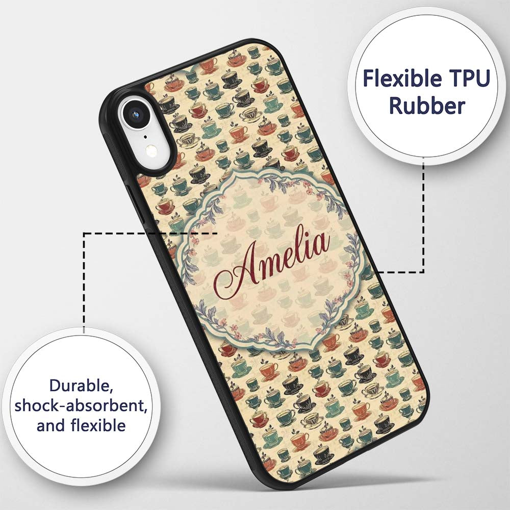 Vintage Coffee Cups Illustration Seamless Pattern Custom Name Protective Phone Case Mobile Cover Durable Everyday Smartphone Shock Resistant