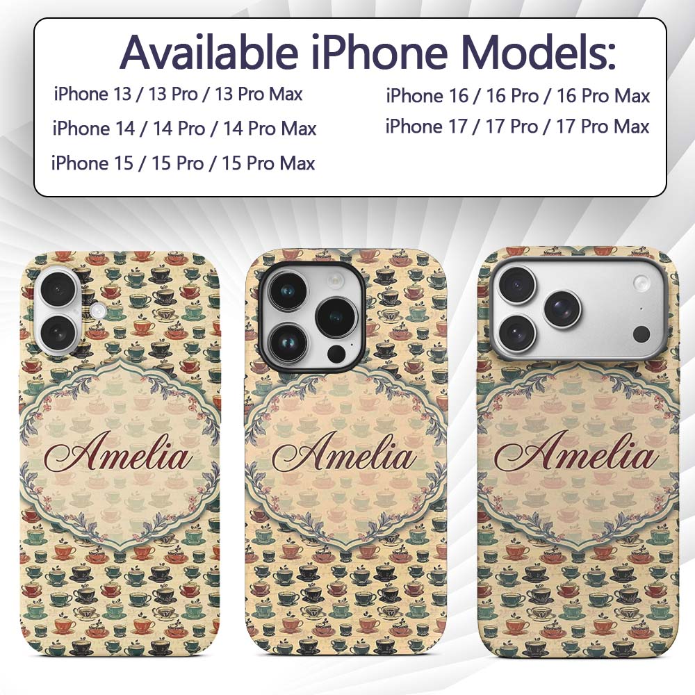 Vintage Coffee Cups Illustration Seamless Pattern Custom Name Protective Phone Case Mobile Cover Durable Everyday Smartphone Shock Resistant