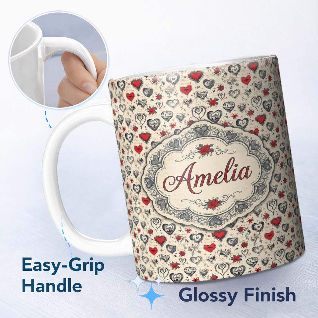 Personalized Custom Name Vintage Gothic Hearts Skulls and Roses Tattoo Style Seamless Pattern 11oz Ceramic Coffee Tea Mug White Large Handle
