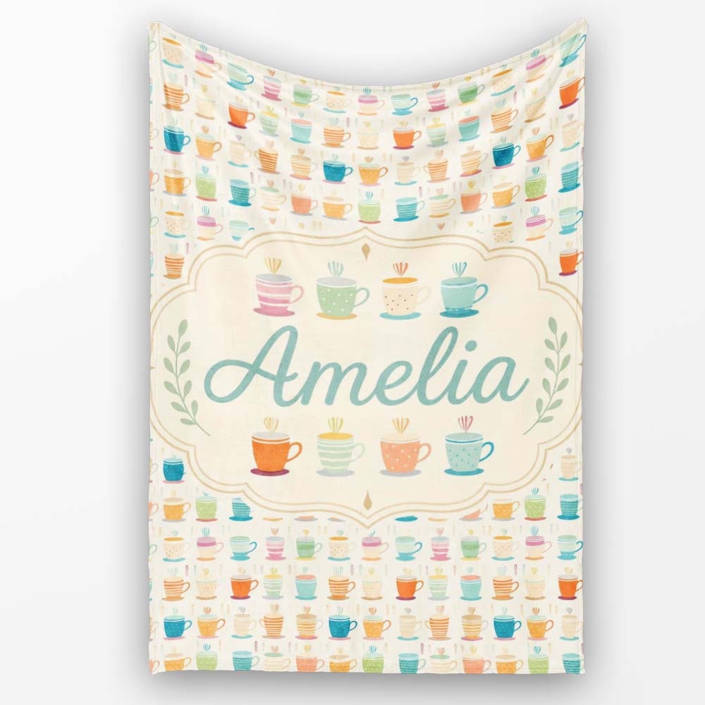 Colorful Coffee Cups Bright Fun Seamless Pattern Cute Unique Gift Personalised Custom Name Super Soft Fleece Blanket Bed Sofa Throw