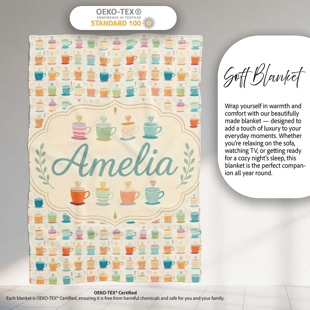 Colorful Coffee Cups Bright Fun Seamless Pattern Cute Unique Gift Personalised Custom Name Super Soft Fleece Blanket Bed Sofa Throw