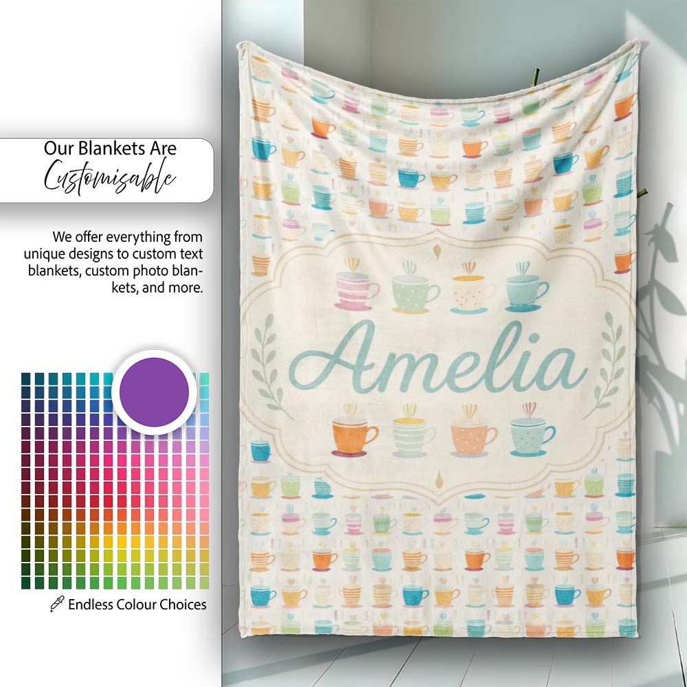 Colorful Coffee Cups Bright Fun Seamless Pattern Cute Unique Gift Personalised Custom Name Super Soft Fleece Blanket Bed Sofa Throw