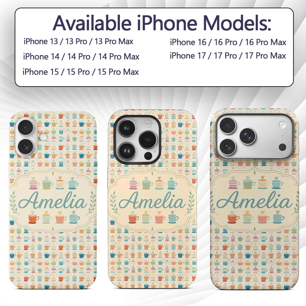 Colorful Coffee Cups Bright Fun Seamless Pattern Custom Name Protective Phone Case Mobile Cover Durable Everyday Smartphone Shock Resistant