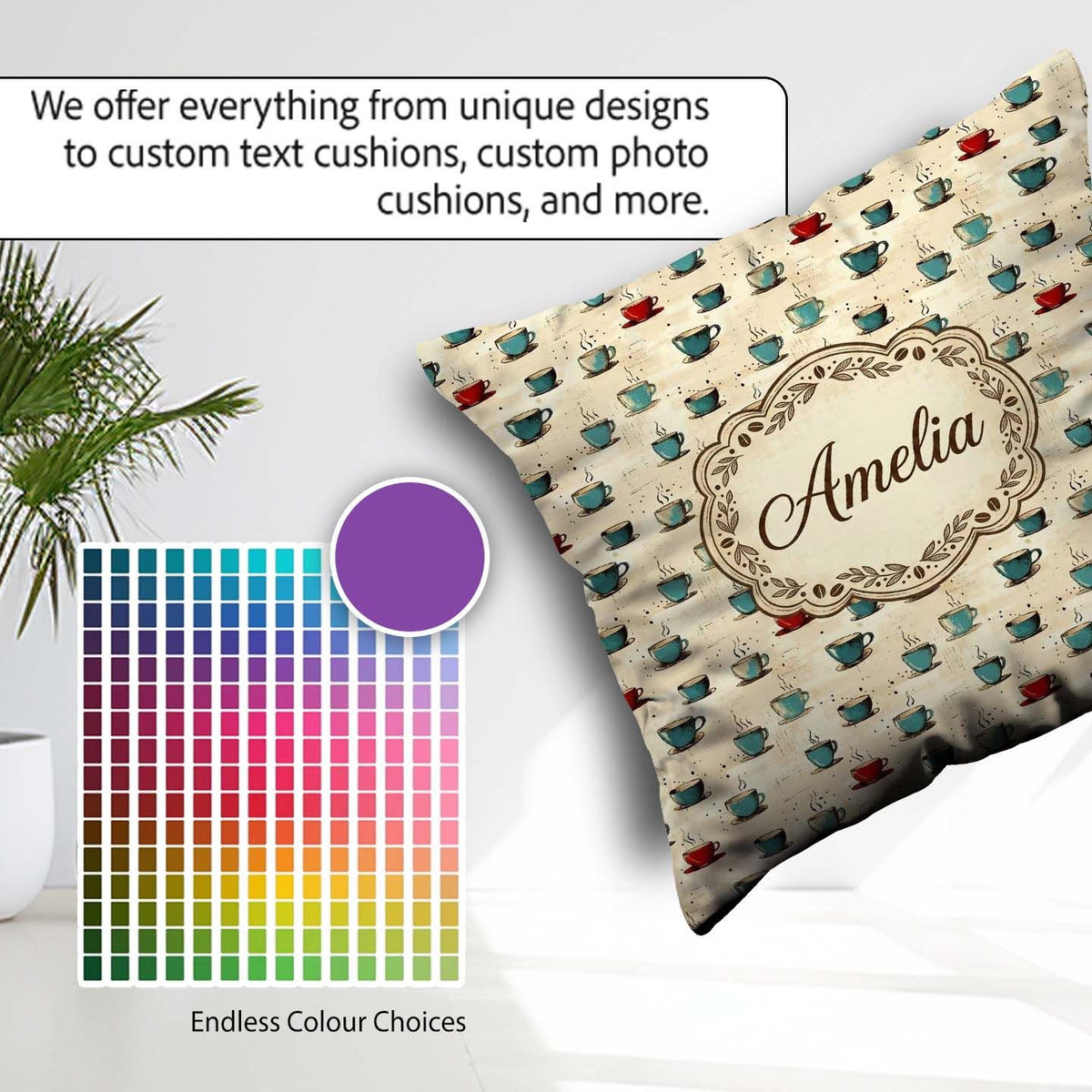 Custom Name Blue Red Cups Artistic Texture Seamless Pattern Square Filled Cushion Throw Pillow Sofa Bed Home Decor Zip Washable UK Made