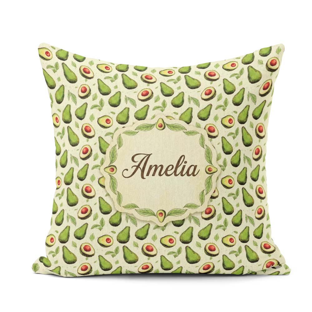 Custom Name Avocado Light Cream Background Fresh Botanical Fruit Square Filled Cushion Throw Pillow Sofa Bed Home Decor Zip Washable UK Made