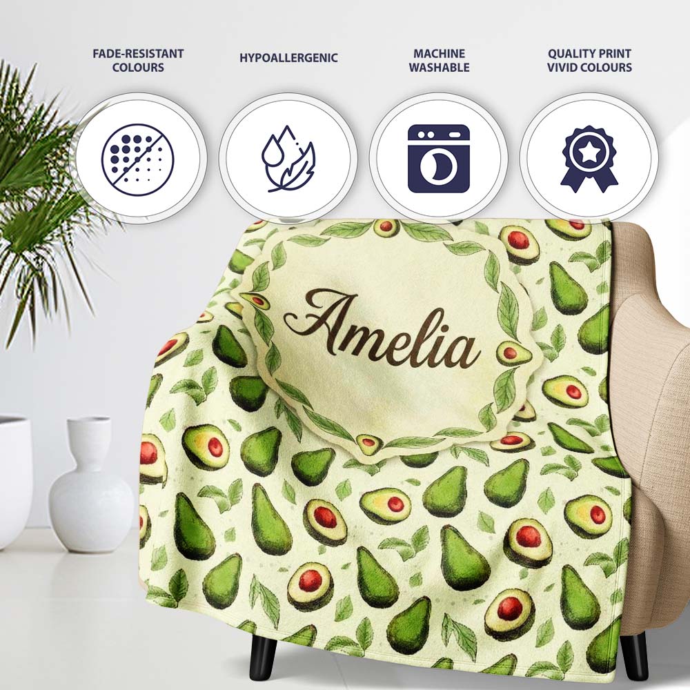 Avocado Pear Light Cream Background Fresh Botanical Fruit Design Personalised Custom Name Super Soft Fleece Blanket Bed Sofa Throw