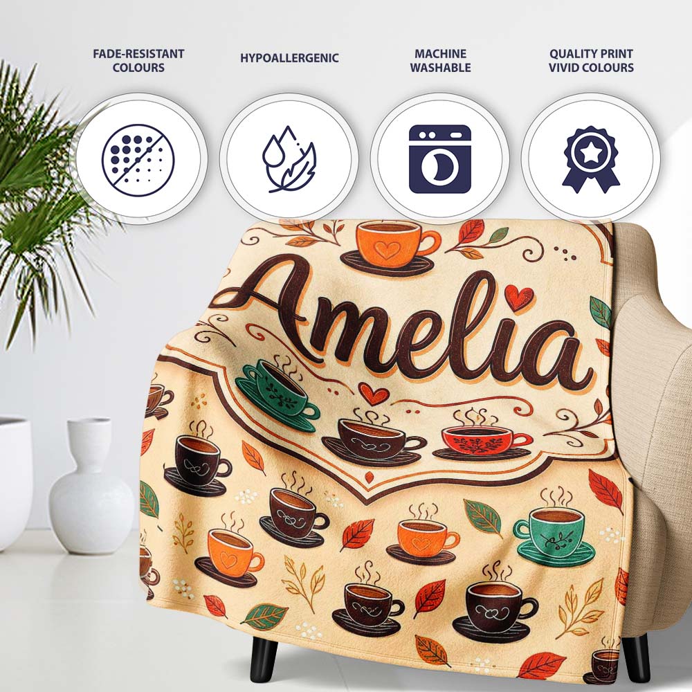 Autumn Coffee Cups with Falling Leaves Seamless Pattern Lovely Personalised Custom Name Super Soft Fleece Blanket Bed Sofa Throw