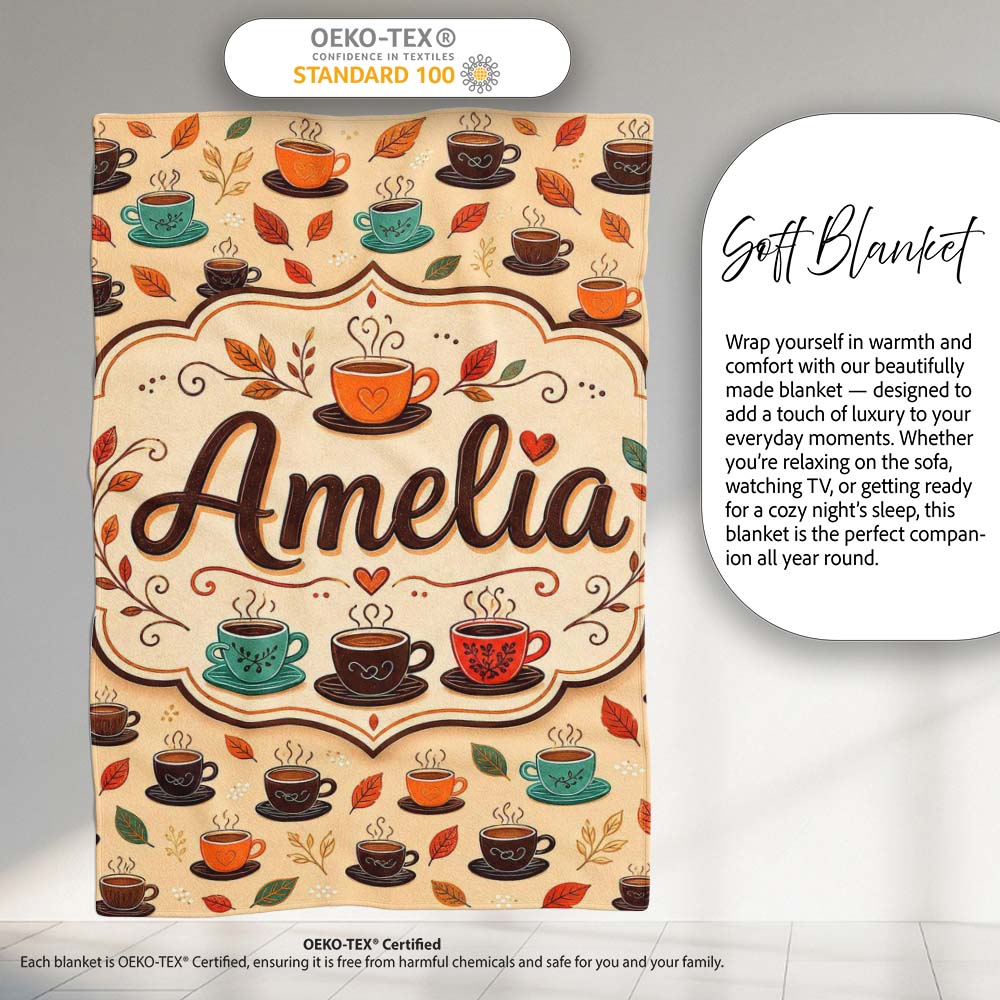 Autumn Coffee Cups with Falling Leaves Seamless Pattern Lovely Personalised Custom Name Super Soft Fleece Blanket Bed Sofa Throw