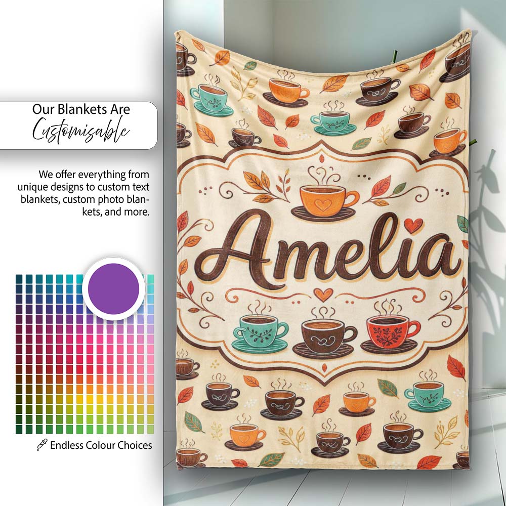 Autumn Coffee Cups with Falling Leaves Seamless Pattern Lovely Personalised Custom Name Super Soft Fleece Blanket Bed Sofa Throw
