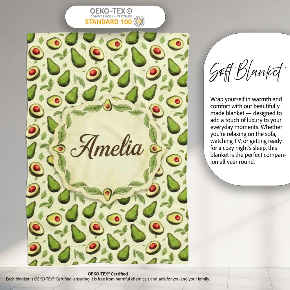 Avocado Pear Light Cream Background Fresh Botanical Fruit Design Personalised Custom Name Super Soft Fleece Blanket Bed Sofa Throw