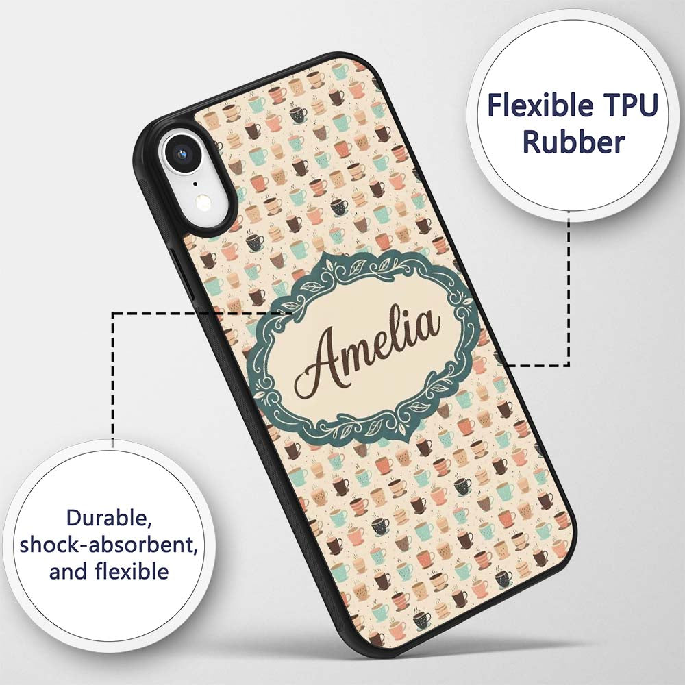 Soft Pastel Coffee Cups Cute Repeating Seamless Custom Name Protective Phone Case Mobile Cover Durable Everyday Smartphone Shock Resistant