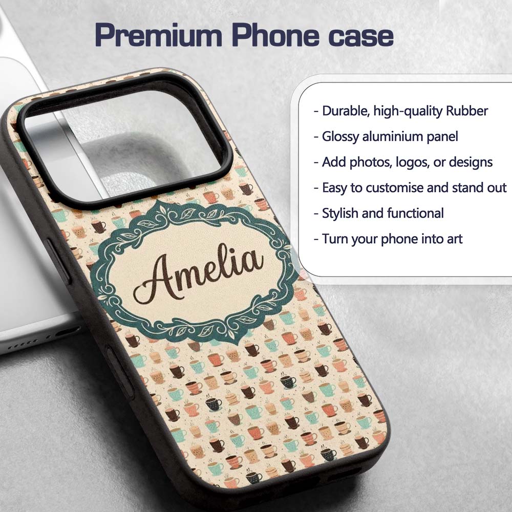 Soft Pastel Coffee Cups Cute Repeating Seamless Custom Name Protective Phone Case Mobile Cover Durable Everyday Smartphone Shock Resistant