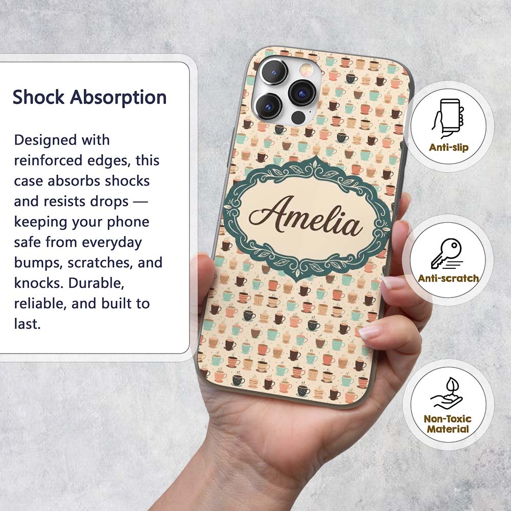 Soft Pastel Coffee Cups Cute Repeating Seamless Custom Name Protective Phone Case Mobile Cover Durable Everyday Smartphone Shock Resistant