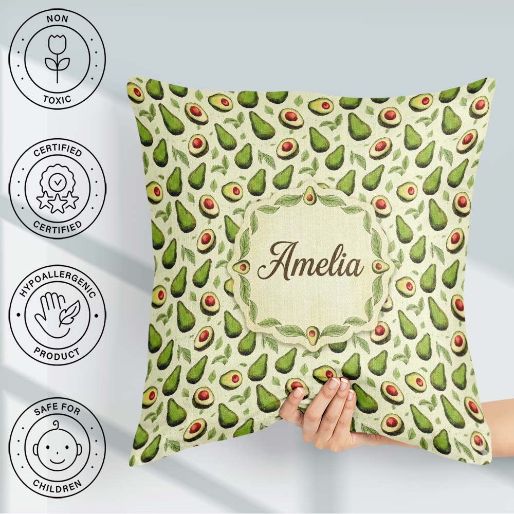 Custom Name Avocado Light Cream Background Fresh Botanical Fruit Square Filled Cushion Throw Pillow Sofa Bed Home Decor Zip Washable UK Made