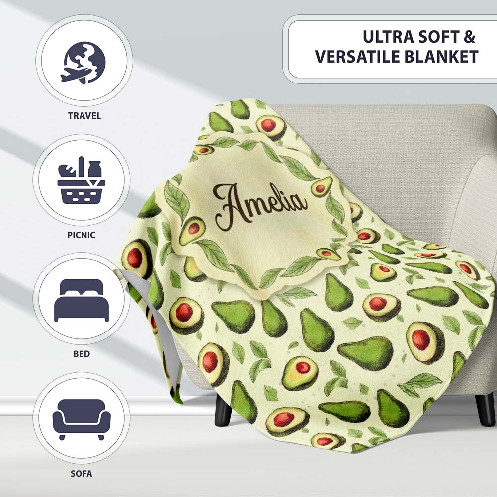 Avocado Pear Light Cream Background Fresh Botanical Fruit Design Personalised Custom Name Super Soft Fleece Blanket Bed Sofa Throw