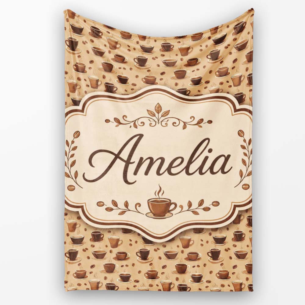 Coffee Cups and Beans Brown Cafe Theme Seamless Pattern Lovely Personalised Custom Name Super Soft Fleece Blanket Bed Sofa Throw
