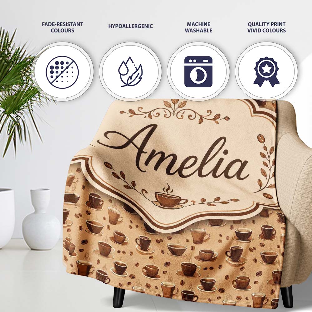 Coffee Cups and Beans Brown Cafe Theme Seamless Pattern Lovely Personalised Custom Name Super Soft Fleece Blanket Bed Sofa Throw