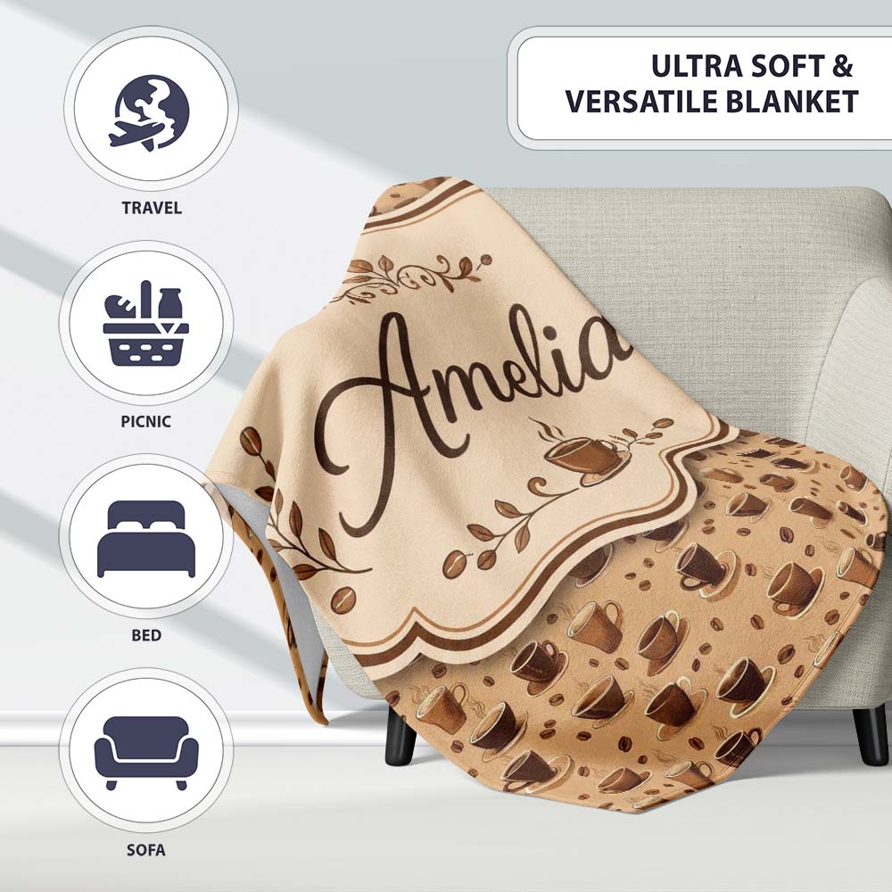 Coffee Cups and Beans Brown Cafe Theme Seamless Pattern Lovely Personalised Custom Name Super Soft Fleece Blanket Bed Sofa Throw