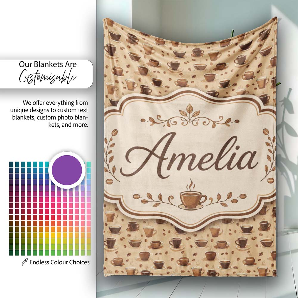 Coffee Cups and Beans Brown Cafe Theme Seamless Pattern Lovely Personalised Custom Name Super Soft Fleece Blanket Bed Sofa Throw