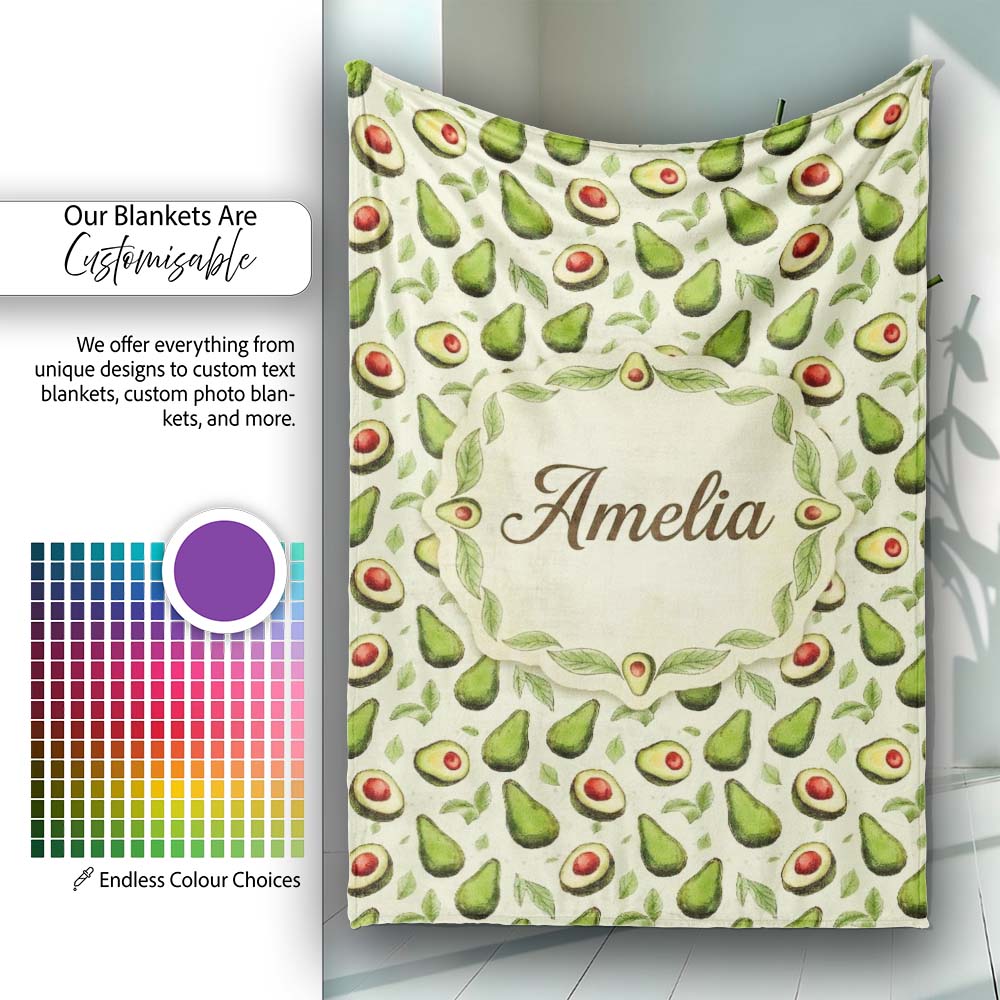 Avocado Pear Light Cream Background Fresh Botanical Fruit Design Personalised Custom Name Super Soft Fleece Blanket Bed Sofa Throw