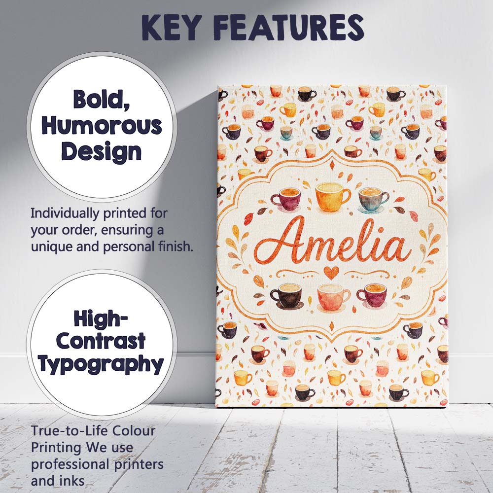 Personalised Name Watercolor Coffee Cups Custom Unique Gift Idea Elegant Feature Canvas Wall Art Print Decor Picture Ready to Hang