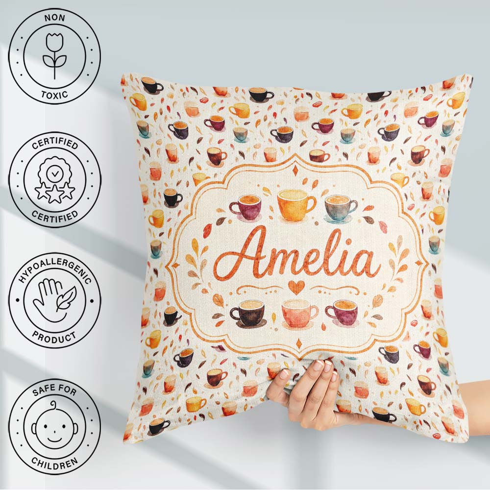 Custom Name Watercolor Cups and Beans Soft Autumn Tones Seamless Square Filled Cushion Throw Pillow Sofa Bed Home Decor Zip Washable UK Made