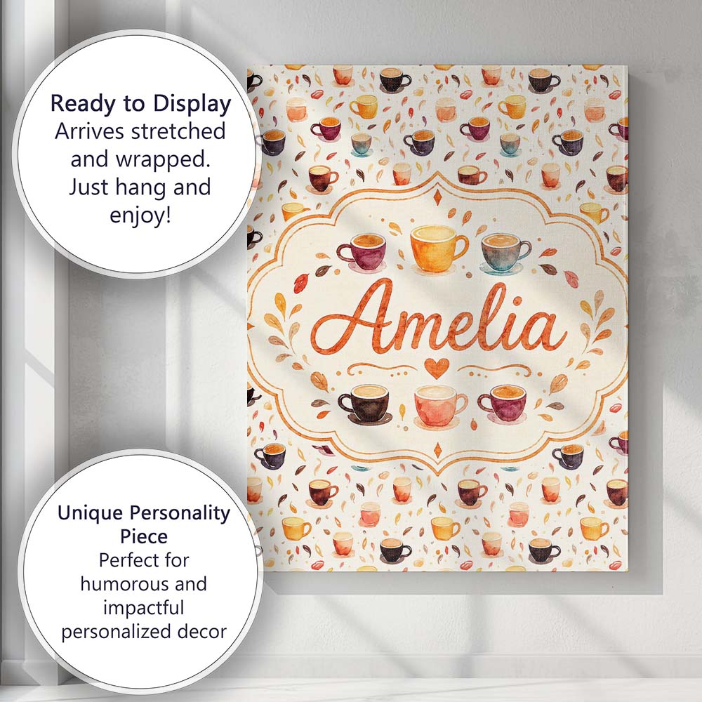 Personalised Name Watercolor Coffee Cups Custom Unique Gift Idea Elegant Feature Canvas Wall Art Print Decor Picture Ready to Hang