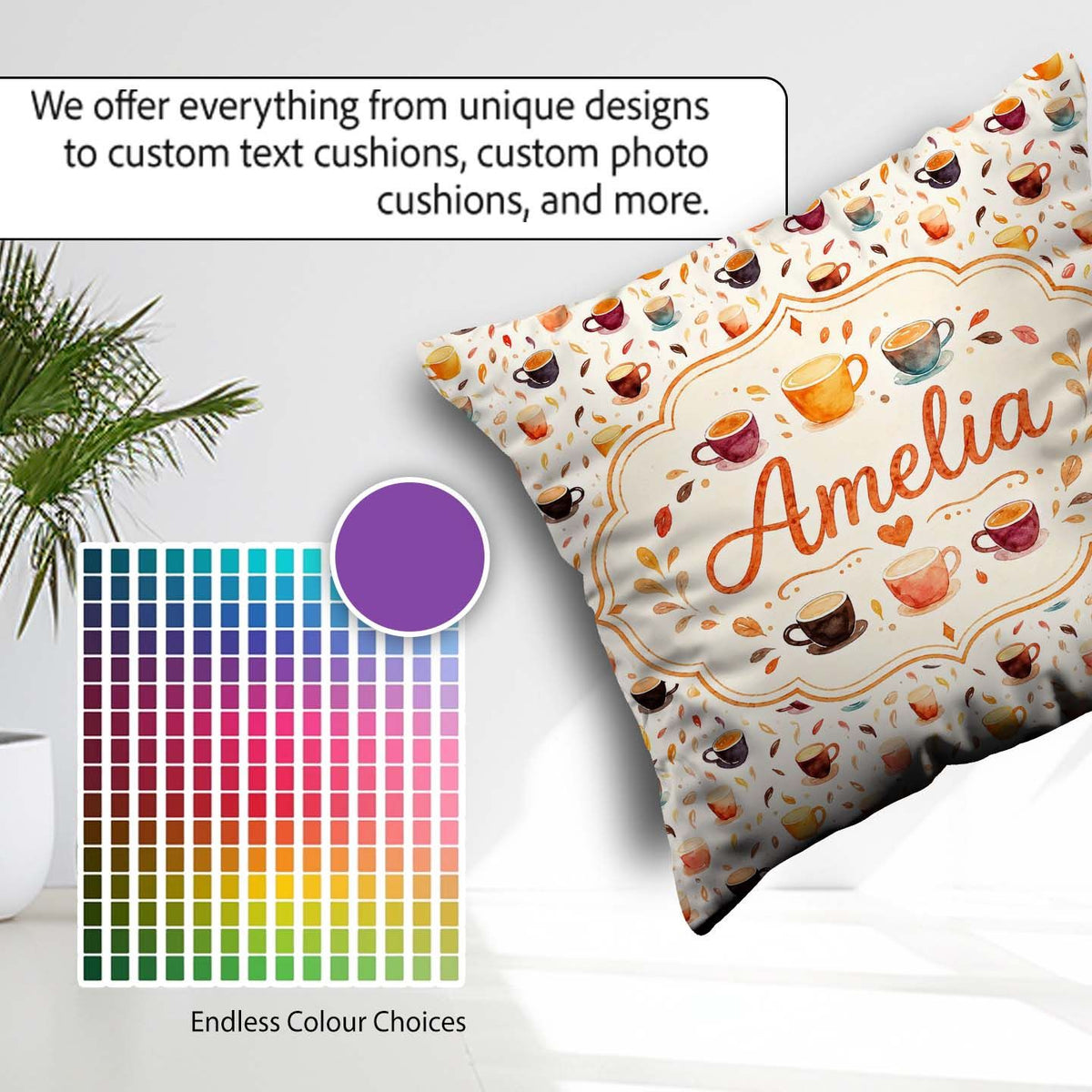 Custom Name Watercolor Cups and Beans Soft Autumn Tones Seamless Square Filled Cushion Throw Pillow Sofa Bed Home Decor Zip Washable UK Made