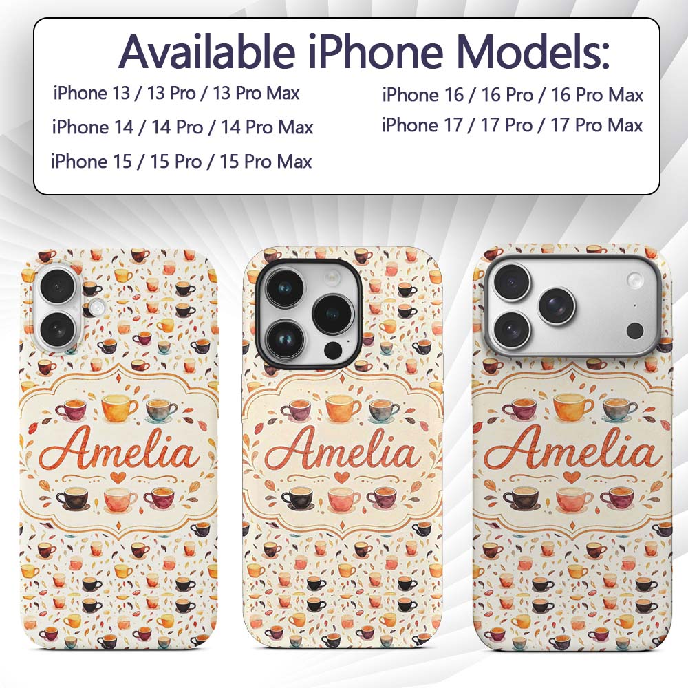 Watercolor Coffee Cups and Beans Soft Autumn Custom Name Protective Phone Case Mobile Cover Durable Everyday Smartphone Shock Resistant