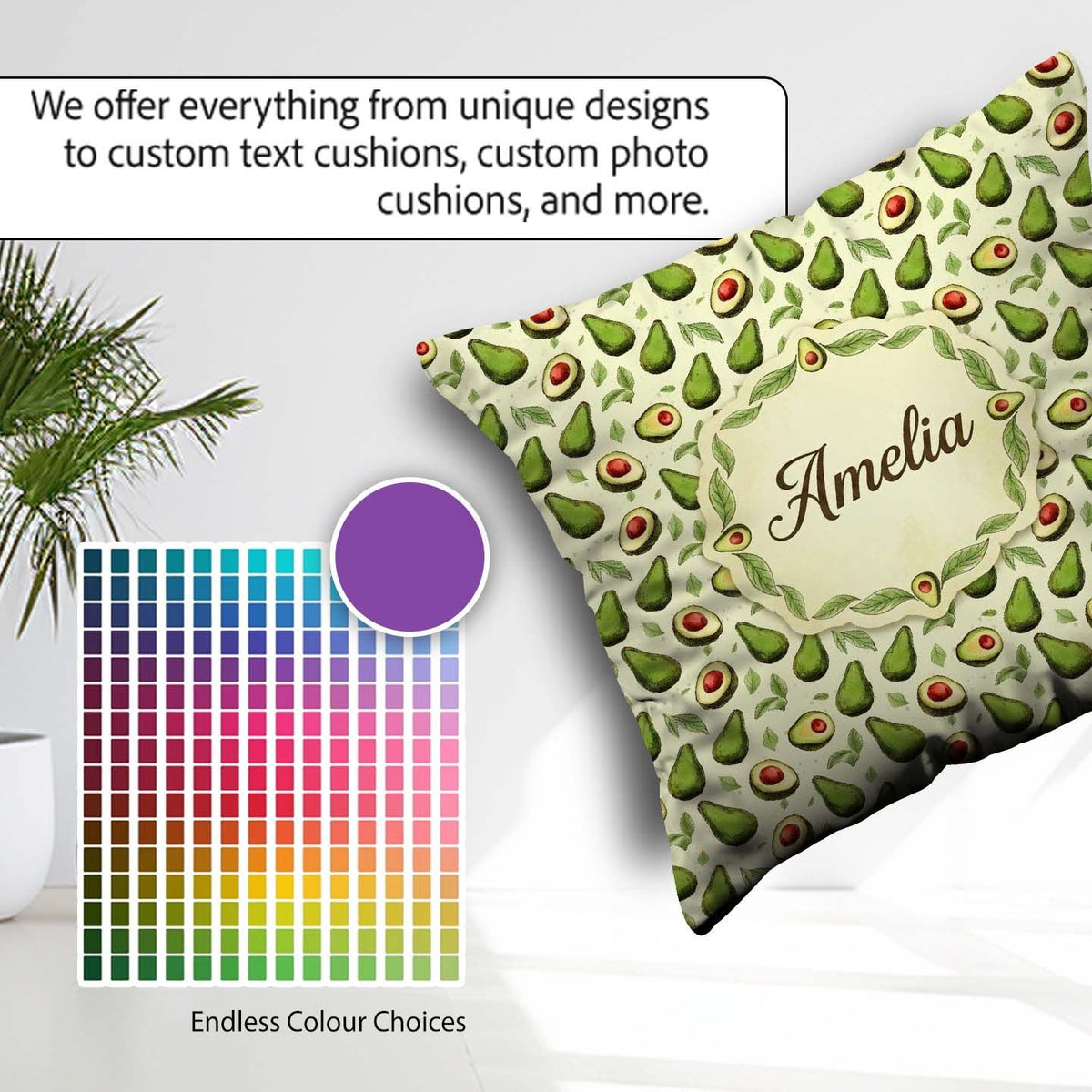 Custom Name Avocado Light Cream Background Fresh Botanical Fruit Square Filled Cushion Throw Pillow Sofa Bed Home Decor Zip Washable UK Made