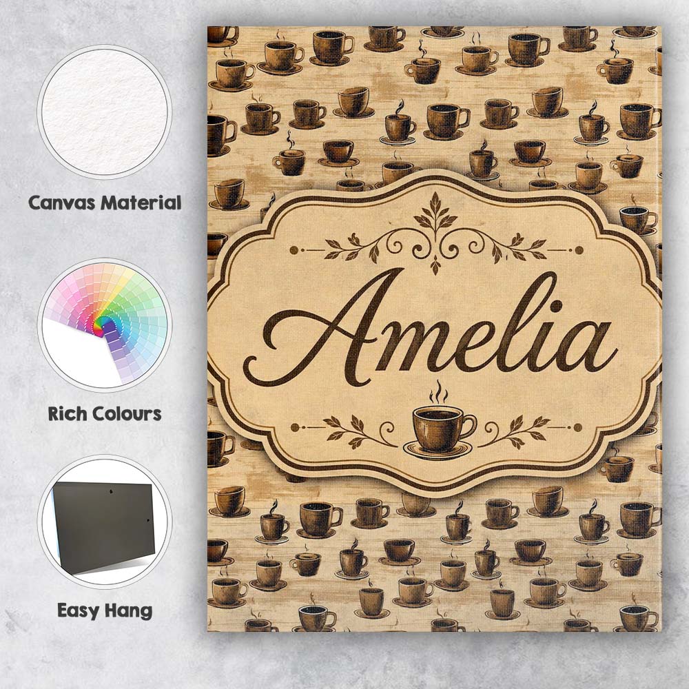 Personalised Name Brown Coffee Cups Classic Custom Bespoke Interior Contemporary Canvas Wall Art Print Decor Picture Ready to Hang