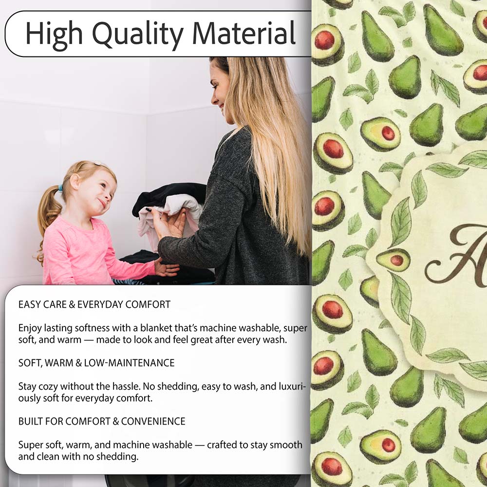 Avocado Pear Light Cream Background Fresh Botanical Fruit Design Personalised Custom Name Super Soft Fleece Blanket Bed Sofa Throw