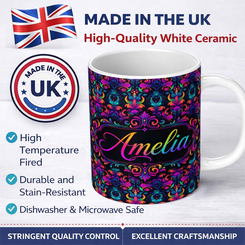 Personalized Custom Name Vibrant Neon Baroque Floral Damask Seamless Pattern Cute Unique Gift 11oz Ceramic Coffee Tea Mug White Large Handle
