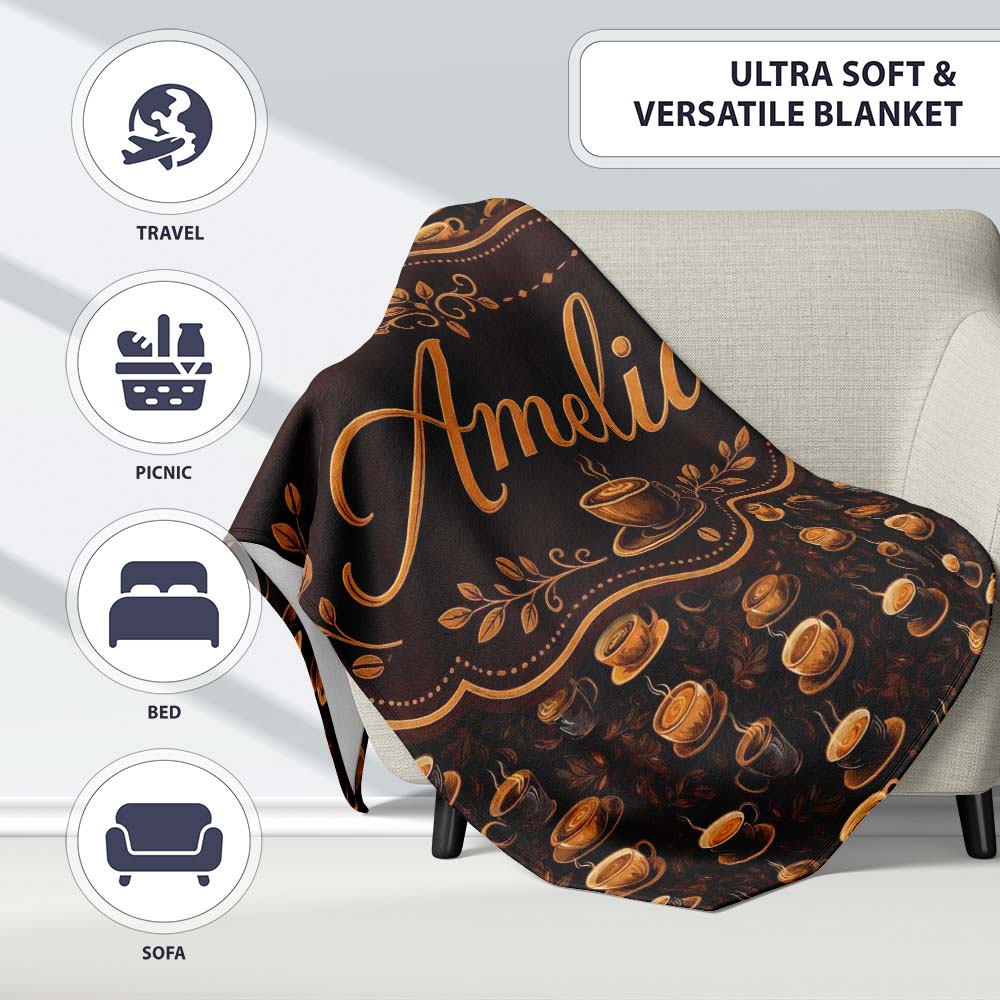 Dark Coffee Cups Rich Espresso Theme Seamless Pattern Lovely Personalised Custom Name Super Soft Fleece Blanket Bed Sofa Throw