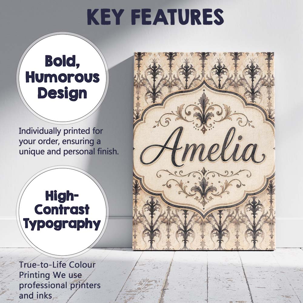 Personalised Name Elegant Floral Damask Custom Unique Gift Idea Modern Room Accent Canvas Wall Art Print Decor Picture Ready to Hang