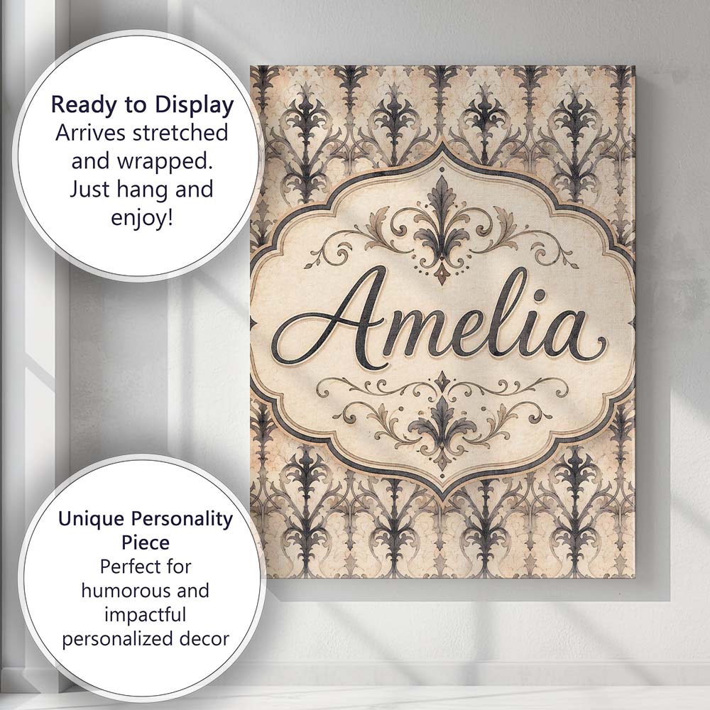 Personalised Name Elegant Floral Damask Custom Unique Gift Idea Modern Room Accent Canvas Wall Art Print Decor Picture Ready to Hang